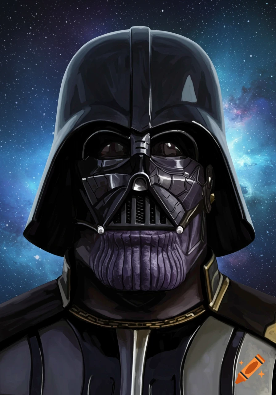 Illustrative portrait of a character fusing Darth Vader's helmet with Thanos's purple chin, set against a galaxy background.