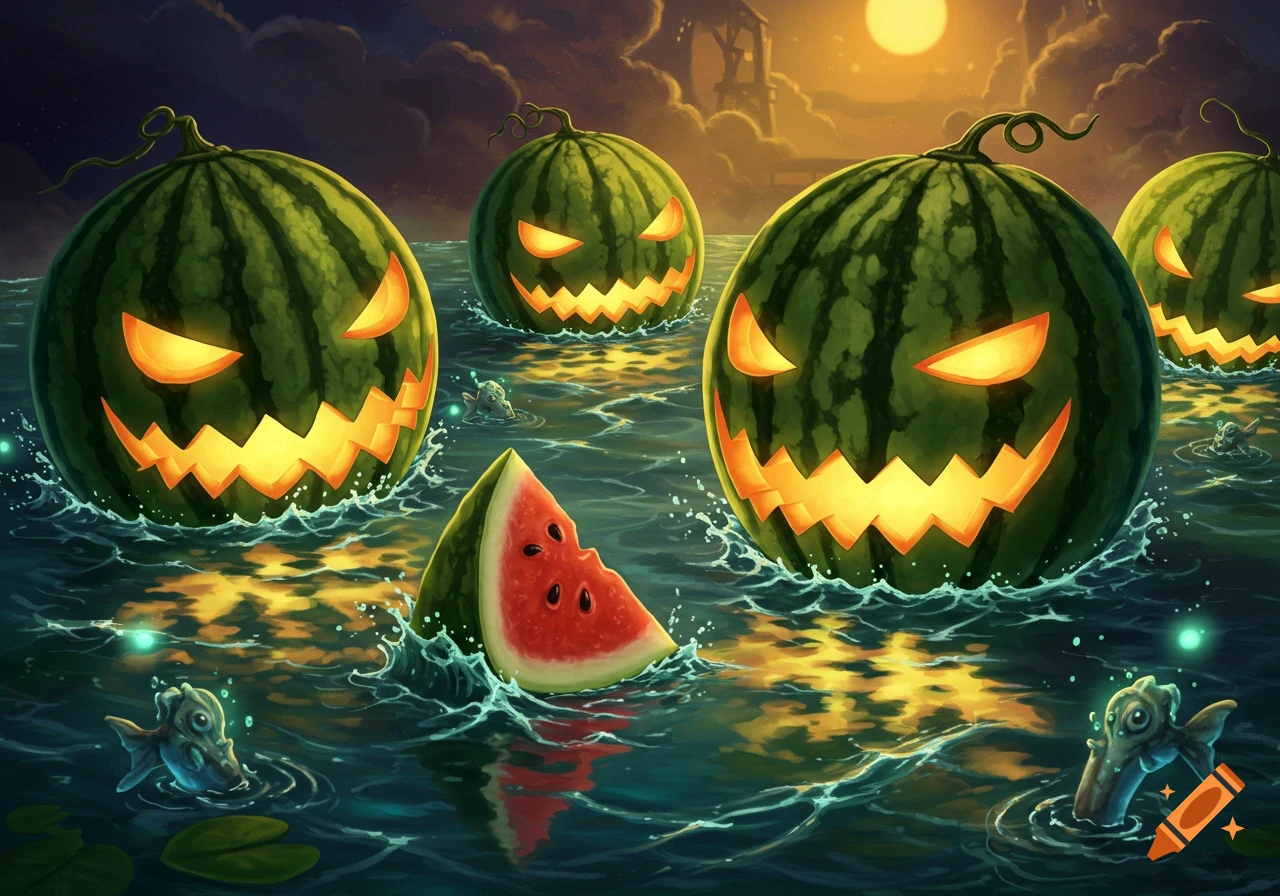 Glowing jack-o'-lantern watermelons float on dark, moonlit water with a watermelon slice and small fish in a spooky fantasy illustration.