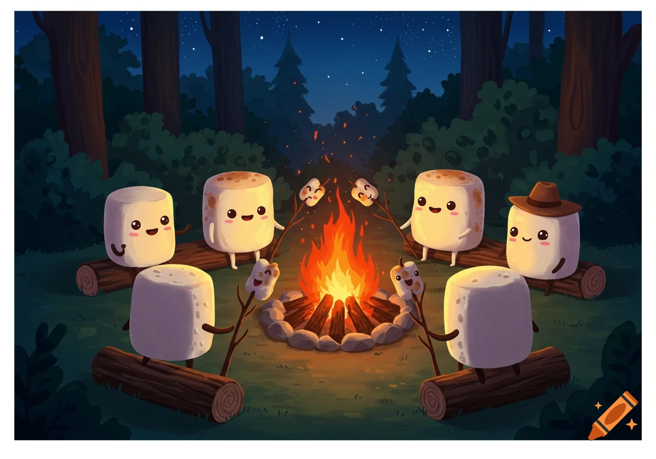 Cute cartoon marshmallows sitting around a campfire in a forest at night, roasting smaller marshmallows.