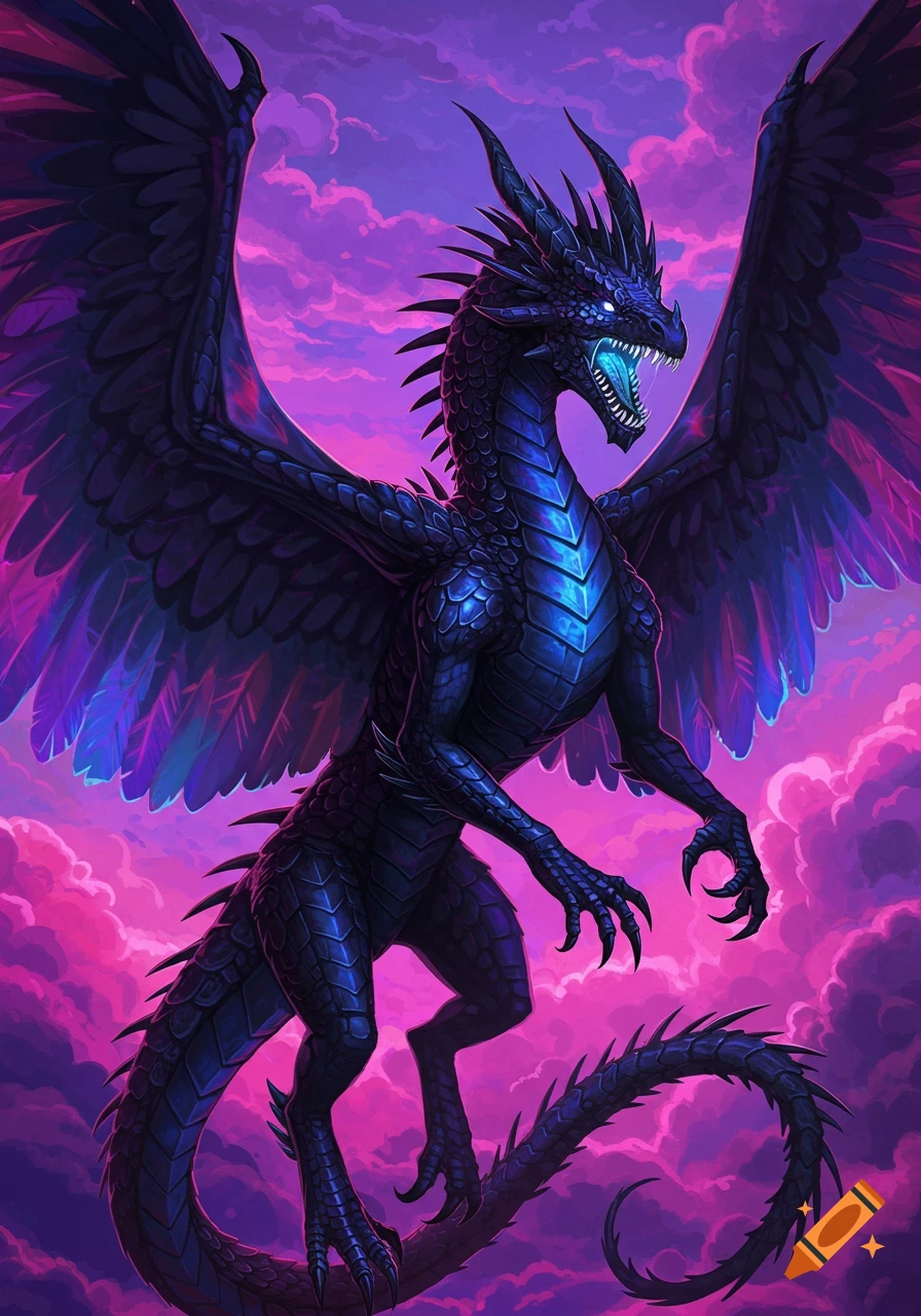 A majestic black dragon with glowing blue eyes and chest, wings spread against a vibrant purple and pink cloudy sky in a detailed illustration style.