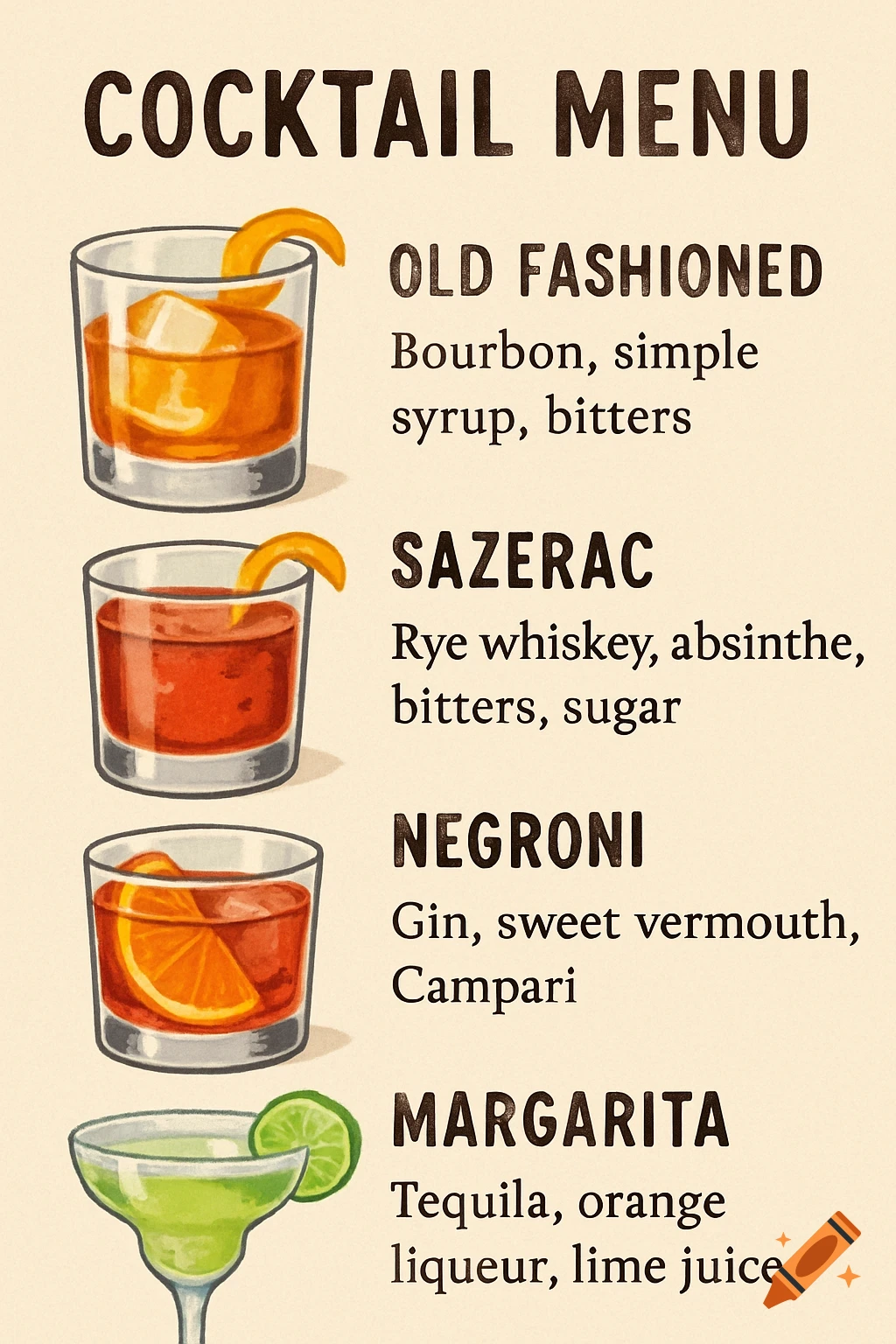 Stylized cocktail menu listing Old Fashioned, Sazerac, Negroni, Margarita with illustrations of each drink.