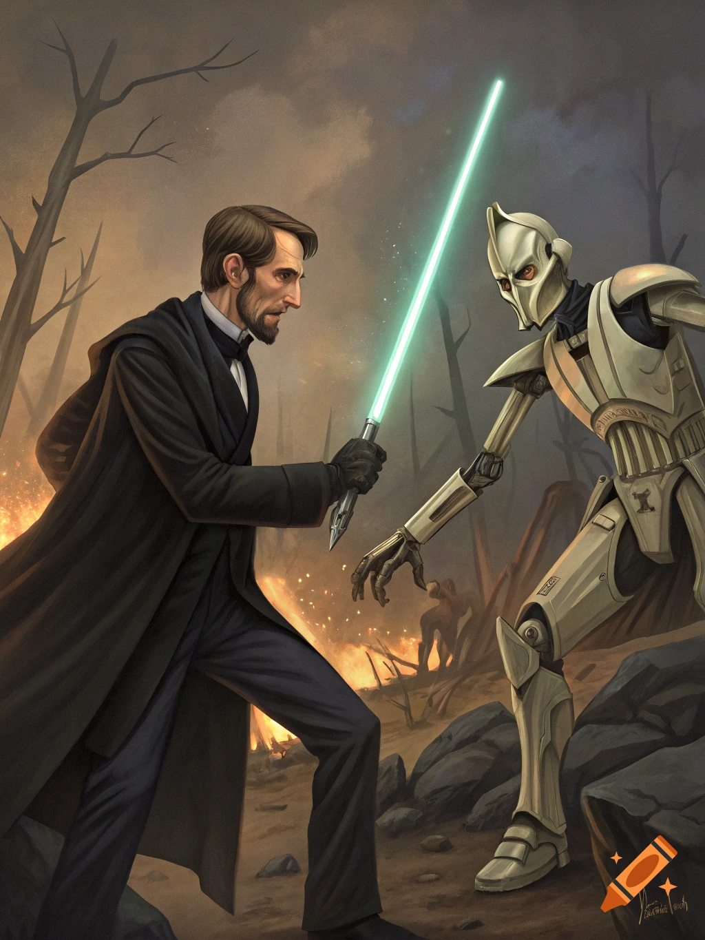 Abraham Lincoln, bearded and in a long coat, wields a green lightsaber against a metallic, humanoid robot in a desolate, burning landscape.