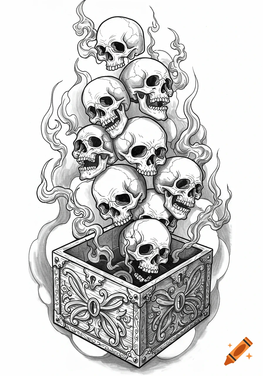 Black and white line art depicting a stack of skulls enveloped in smoke rising from an ornate, opened Pandora's box.