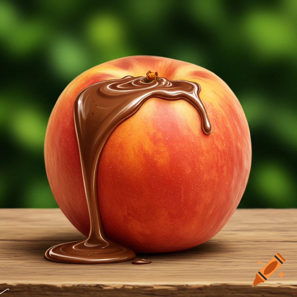 A photorealistic image of a ripe peach with rich chocolate sauce drizzling down its side onto a wooden table, against a blurred green background.