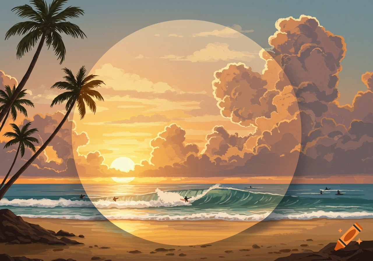 An illustrative beach scene at sunset with palm trees, surfers catching waves, and cumulus clouds in a warm-toned circular frame.