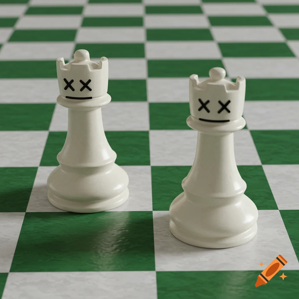 Two white chess rooks with 'x' for eyes stand on a green and white ...