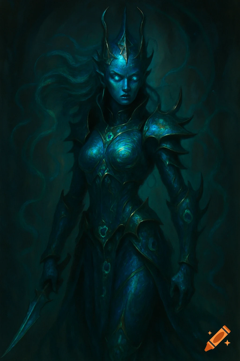 A dark fantasy character with glowing blue skin and eyes, wearing ...