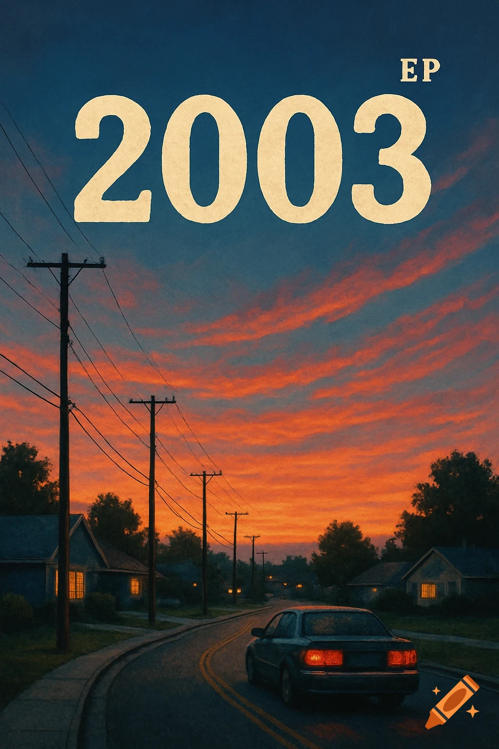 A car drives on a winding road past houses and utility poles under a vibrant orange and blue sunset sky, with '2003 EP' text.