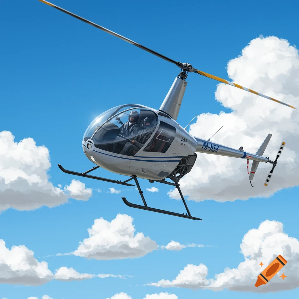 A photorealistic white helicopter with two pilots flies through a blue sky dotted with fluffy white clouds.
