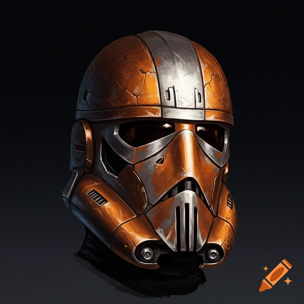 A weathered orange and silver Star Wars-style helmet with a cracked texture, on a dark background.