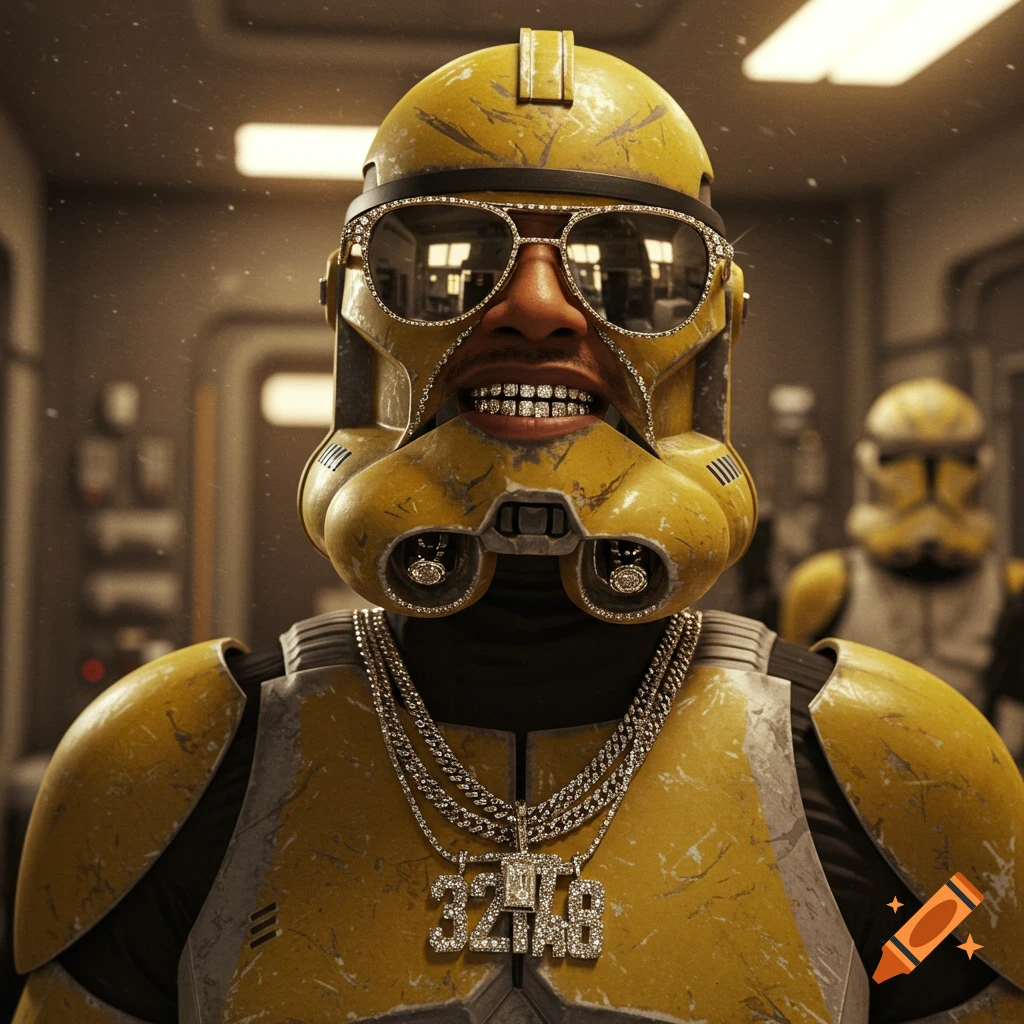 A yellow Star Wars clone trooper with diamond-studded sunglasses, a diamond grill, and multiple diamond chains around their neck in a spaceship corridor.