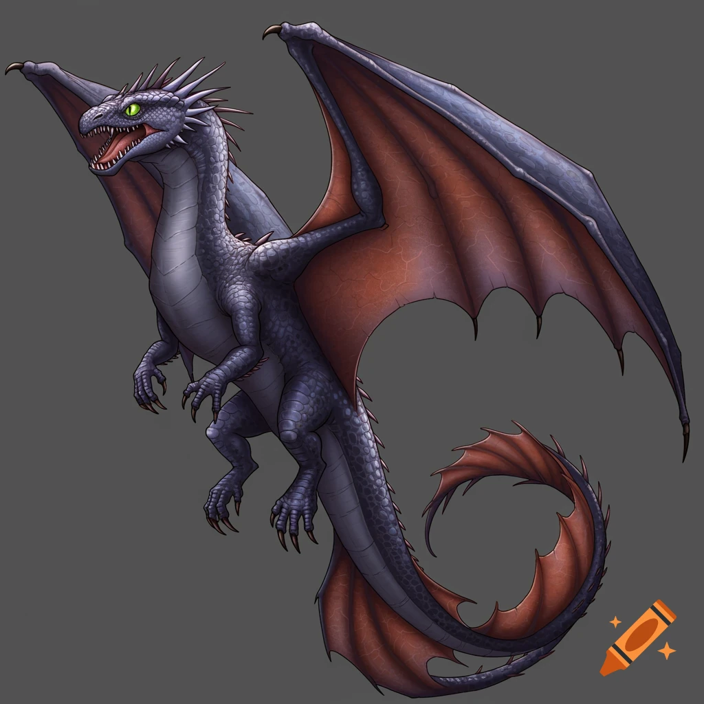 A gray and red dragon with glowing green eyes, spreading its wings as if in flight.