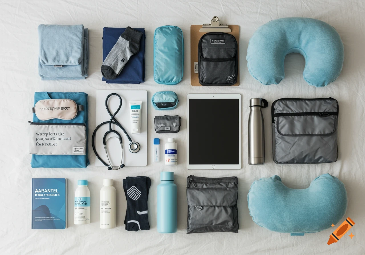 A neatly organized flat lay of travel nurse essentials on a white bedspread, including a stethoscope, scrubs, toiletries, and travel accessories.