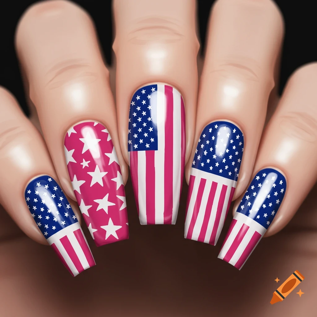 Close-up of a hand with fingernails painted in American flag designs, featuring pink, white, and blue colors.