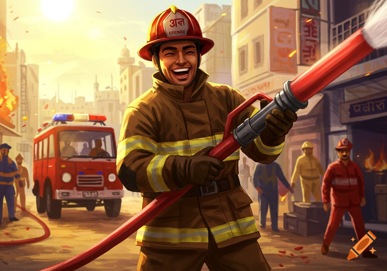 Smiling Indian fireman sprays water from a hose in a city street with a fire truck and burning building, stylized.