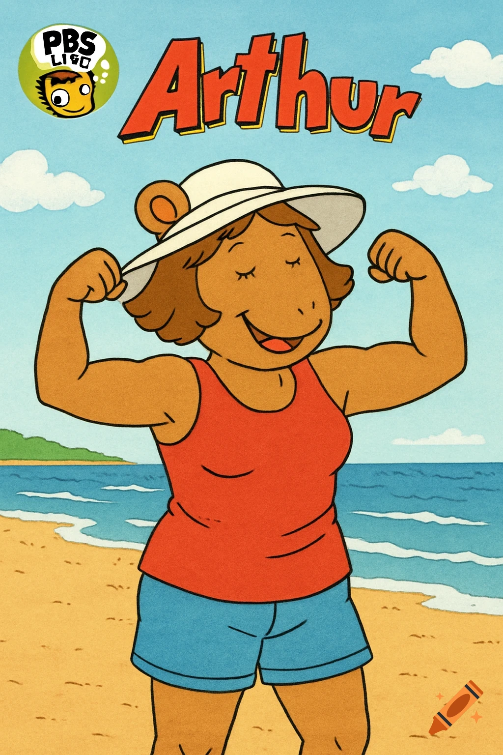 Cartoon character Jane Read from Arthur, wearing a red top and blue shorts, flexing her biceps on a sunny beach.