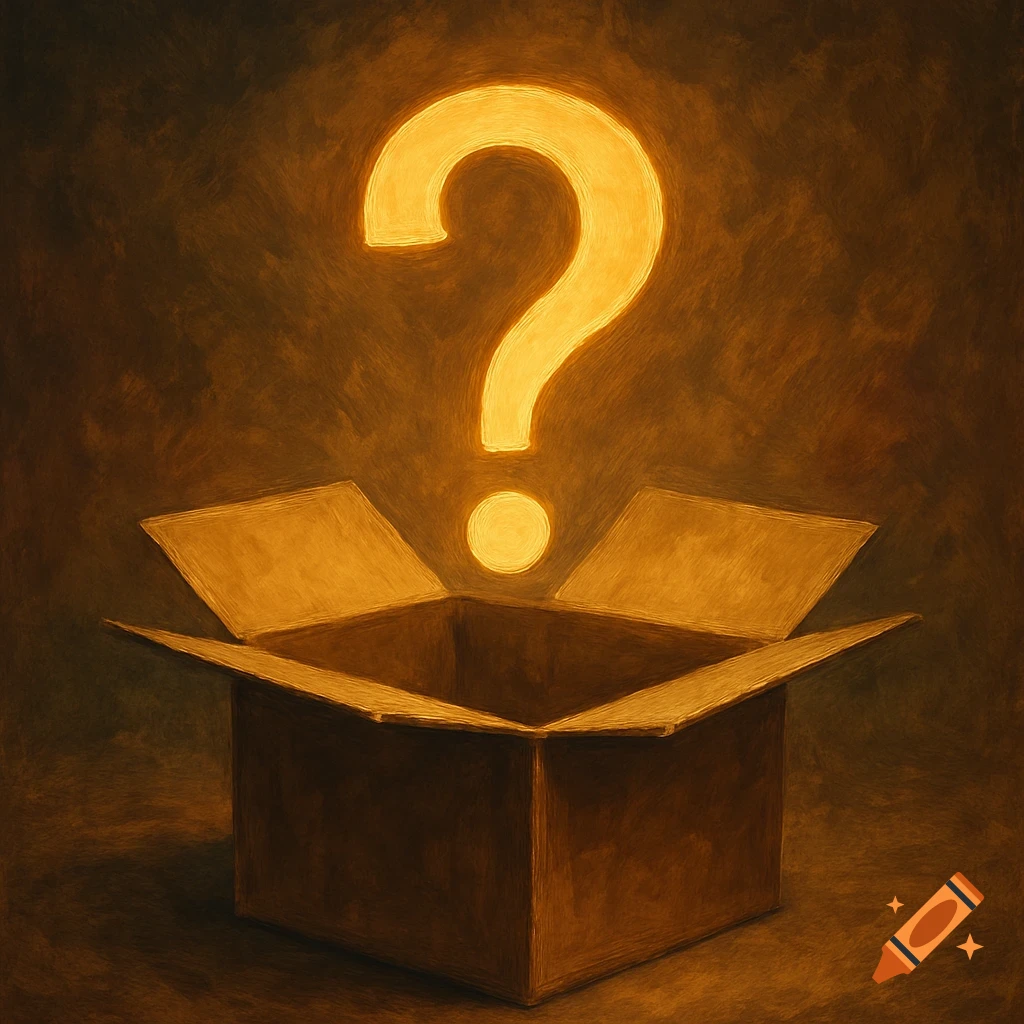 A glowing golden question mark floats above an open cardboard box in a painterly style.