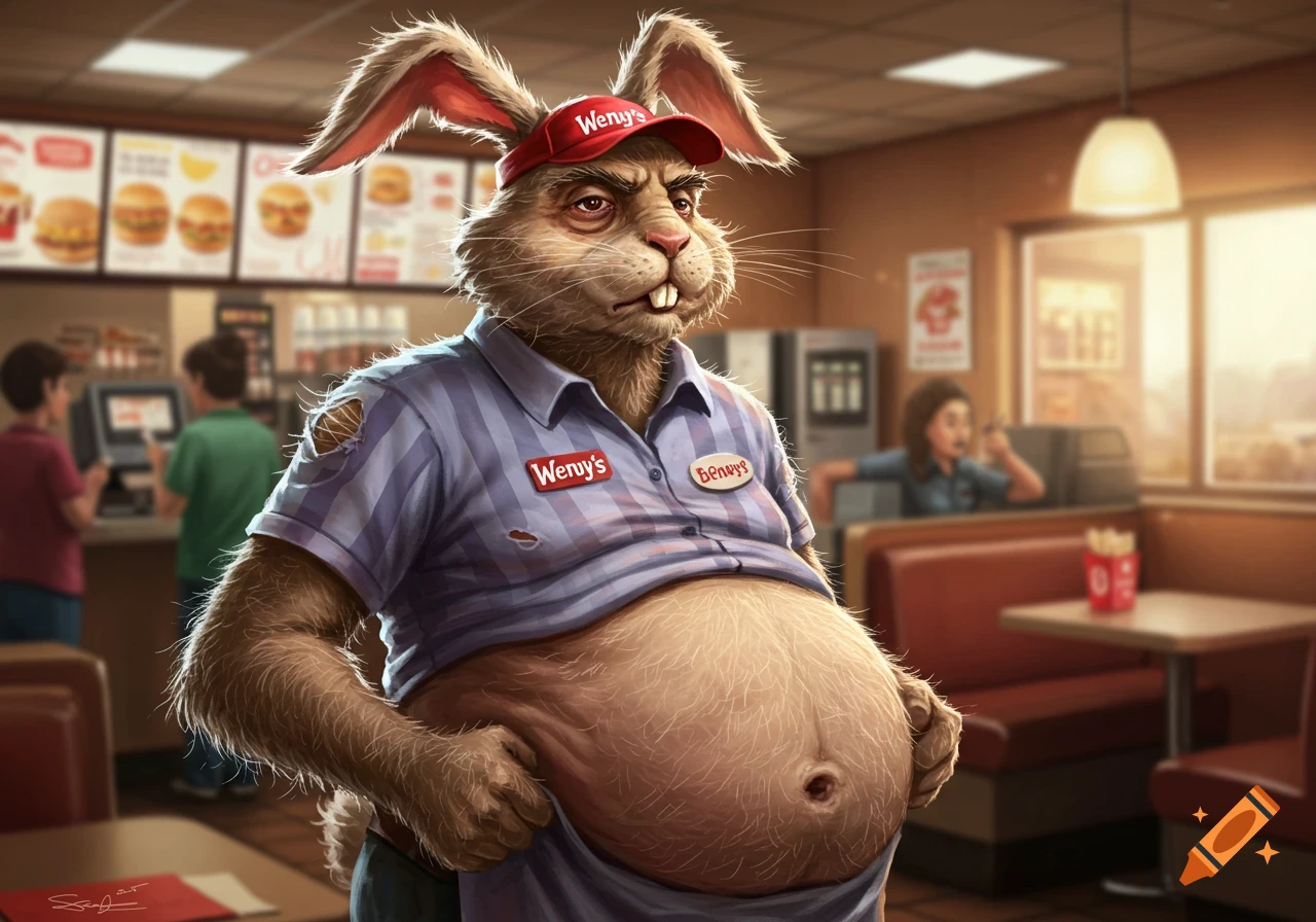 A rabbit man in a tattered blue and white striped uniform with a large beer gut stands in a fast-food restaurant.