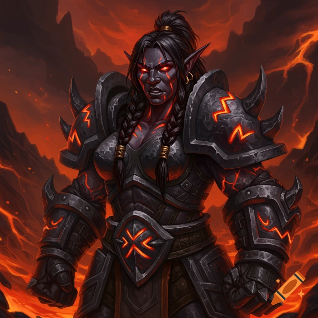 A muscular dark-skinned fantasy female warrior with glowing red eyes in spiky, glowing black armor stands against a fiery, volcanic landscape.