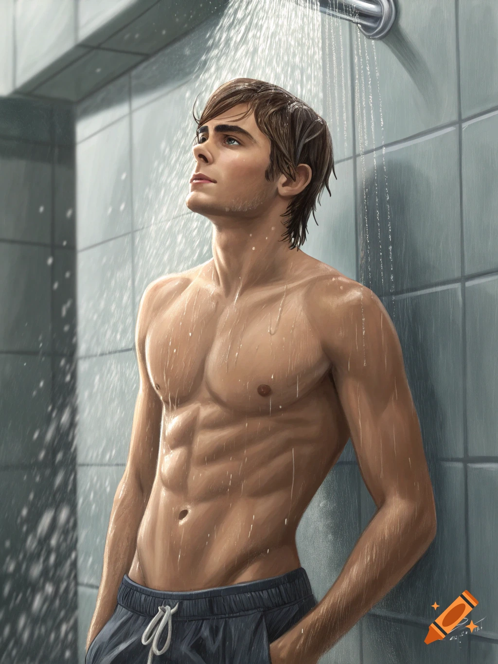 A digital painting depicts a young Zac Efron showering, with water streaming over his wet hair and muscular body.