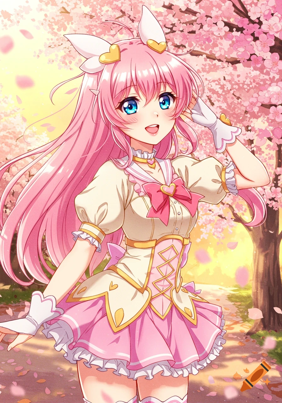 An anime girl with long pink hair and blue eyes, wearing a pink and white dress, stands under cherry blossoms with petals falling.