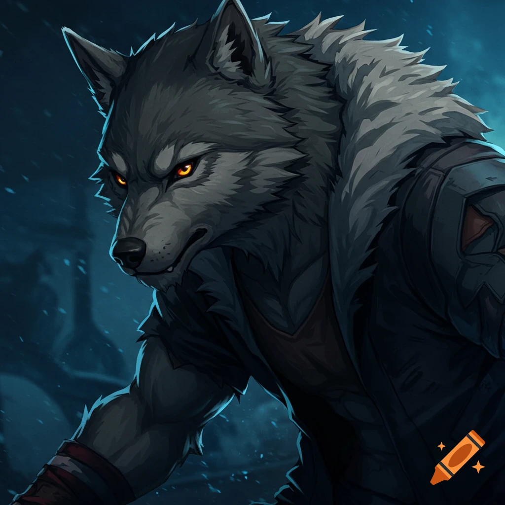 Close-up of a fierce anime wolf man with glowing orange eyes and gray fur, wearing dark, torn clothing in a dark setting.
