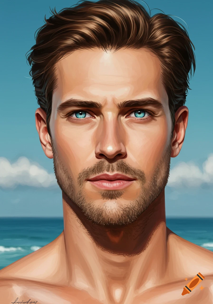 Digital painting portrait of a handsome man with brown hair and striking blue eyes against a bright blue sky and ocean.