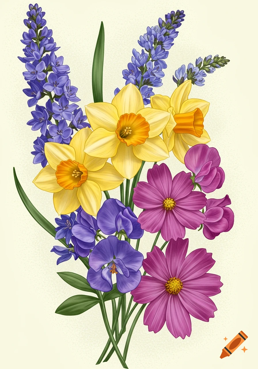 A vibrant botanical illustration of a bouquet featuring yellow daffodils, purple sweet peas, pink cosmos, and purple spiky flowers.