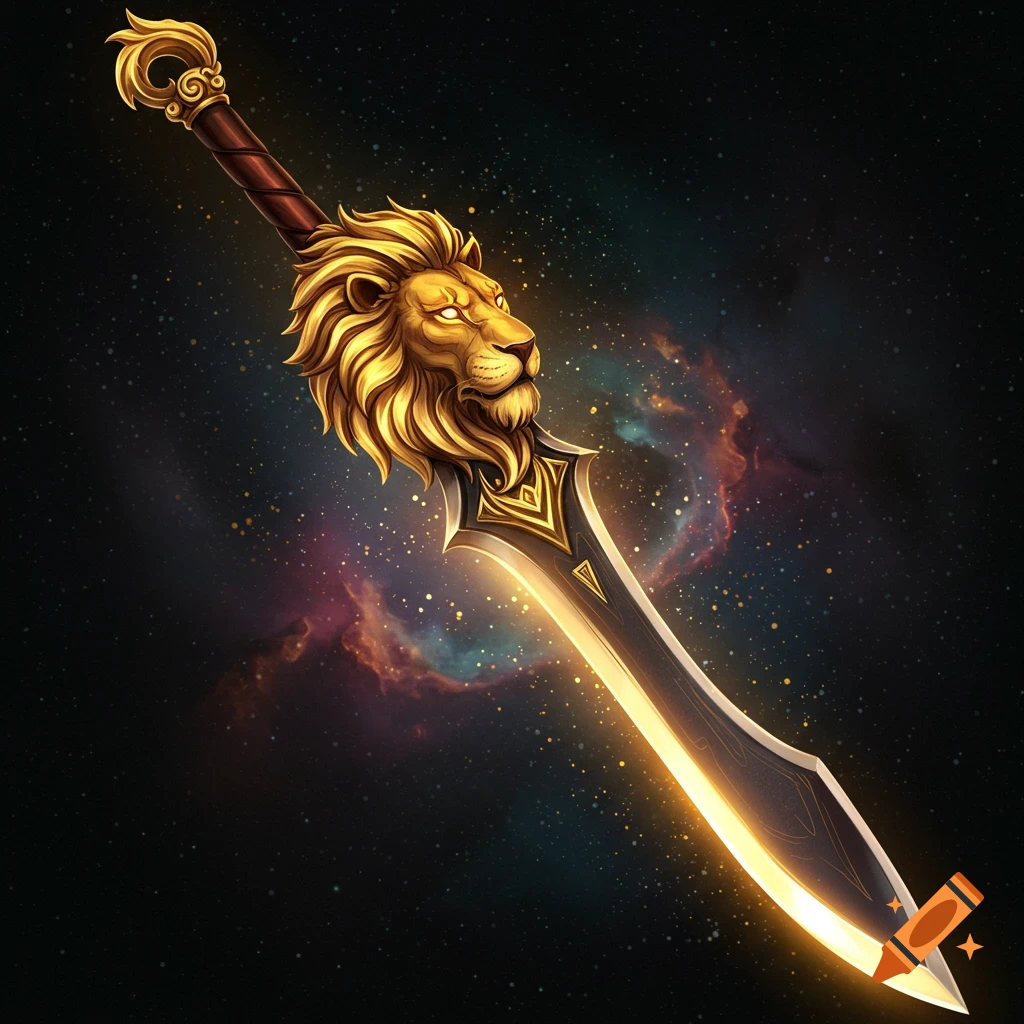 A golden lion head forms the hilt of a glowing fantasy sword against a starry cosmic background.