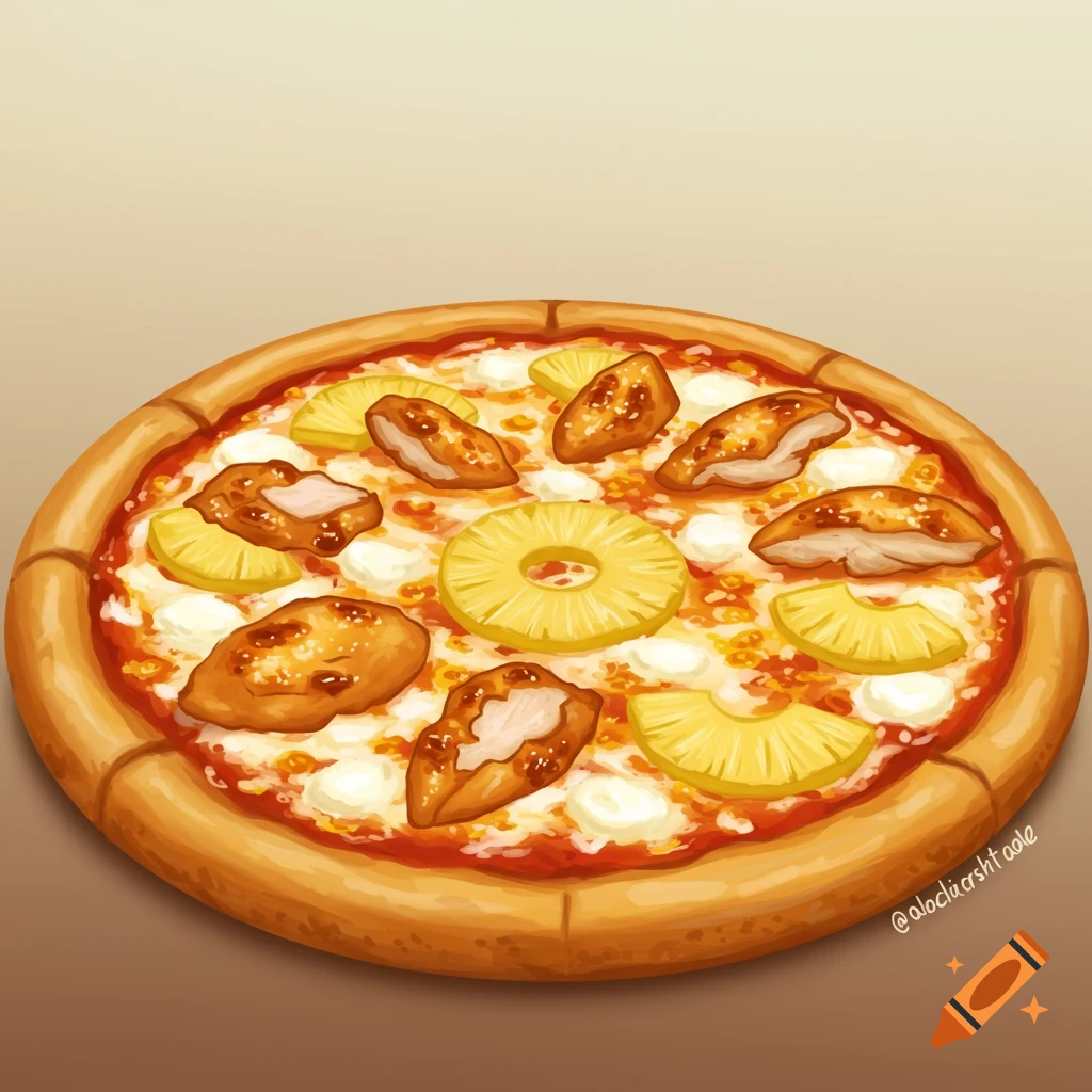 An illustration of a whole pizza topped with pineapple slices and chicken pieces.