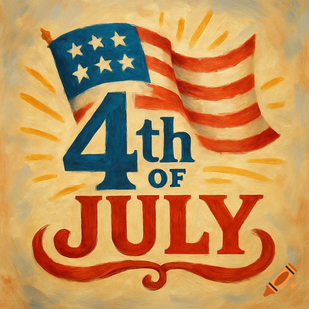 Painted 4th of July illustration with an American flag and '4th OF JULY' text.