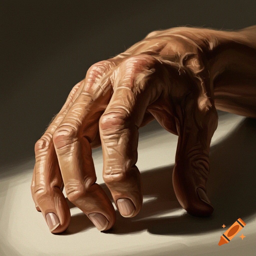 Detailed digital painting of a human hand with prominent wrinkles and realistic lighting.