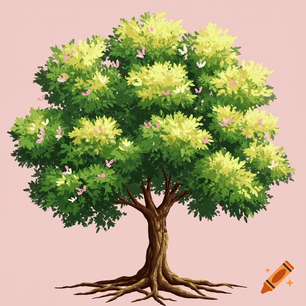 A stylized illustration of a tree with green and pale yellow leaves, pink flowers, a brown trunk, and exposed roots on a pink background.