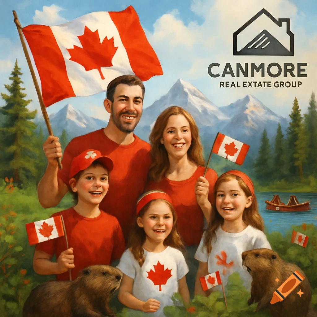 A smiling family, including a father, mother, and three children, pose with Canadian flags and beavers in a scenic mountain and forest landscape.