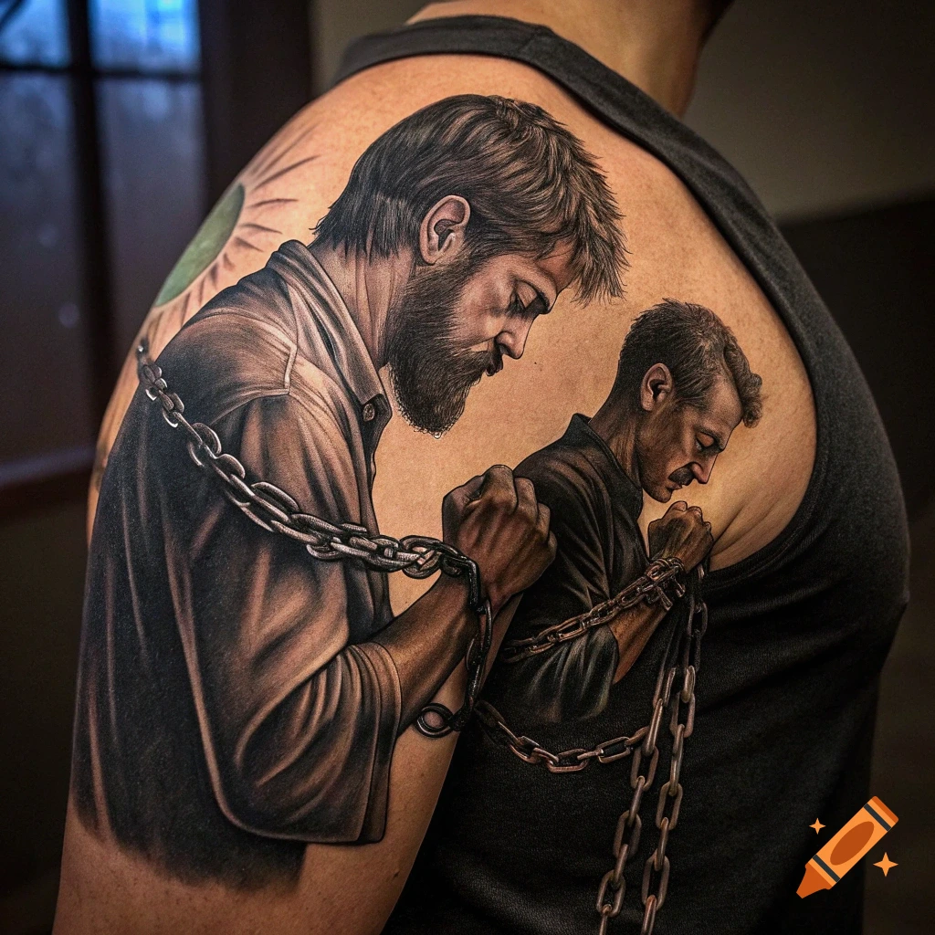 A realistic tattoo on a person's shoulder showing two men, one large and one smaller, with chains on their wrists.