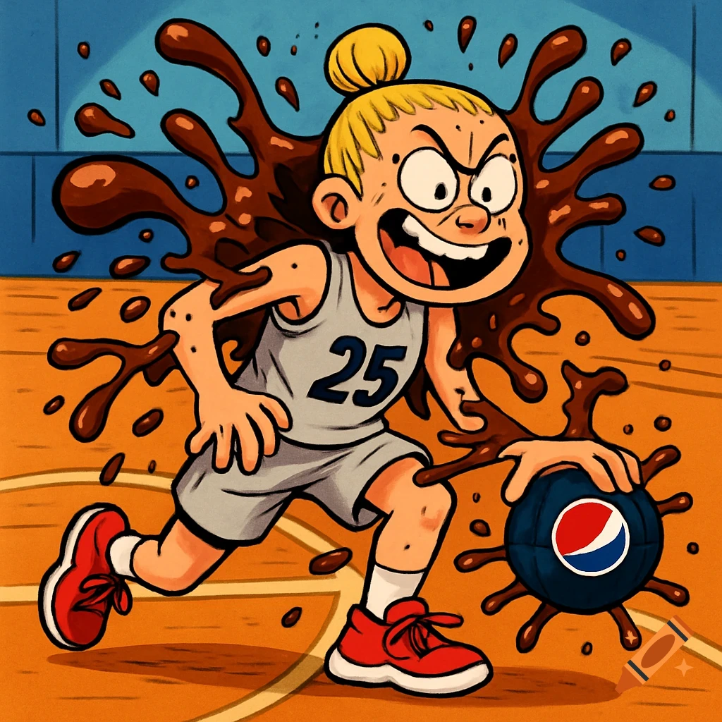 Cartoon blonde female basketball player in jersey #25, dribbling a Pepsi ball, with chocolate splashes on a court. High-energy, surreal style.