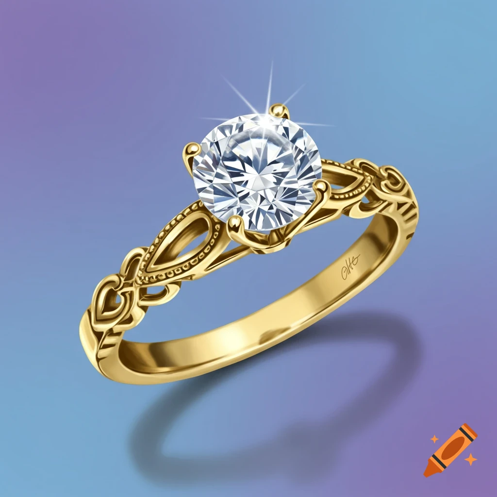 A close-up of a sparkling round diamond set in an ornate gold ring with a detailed band against a gradient purple and blue background.