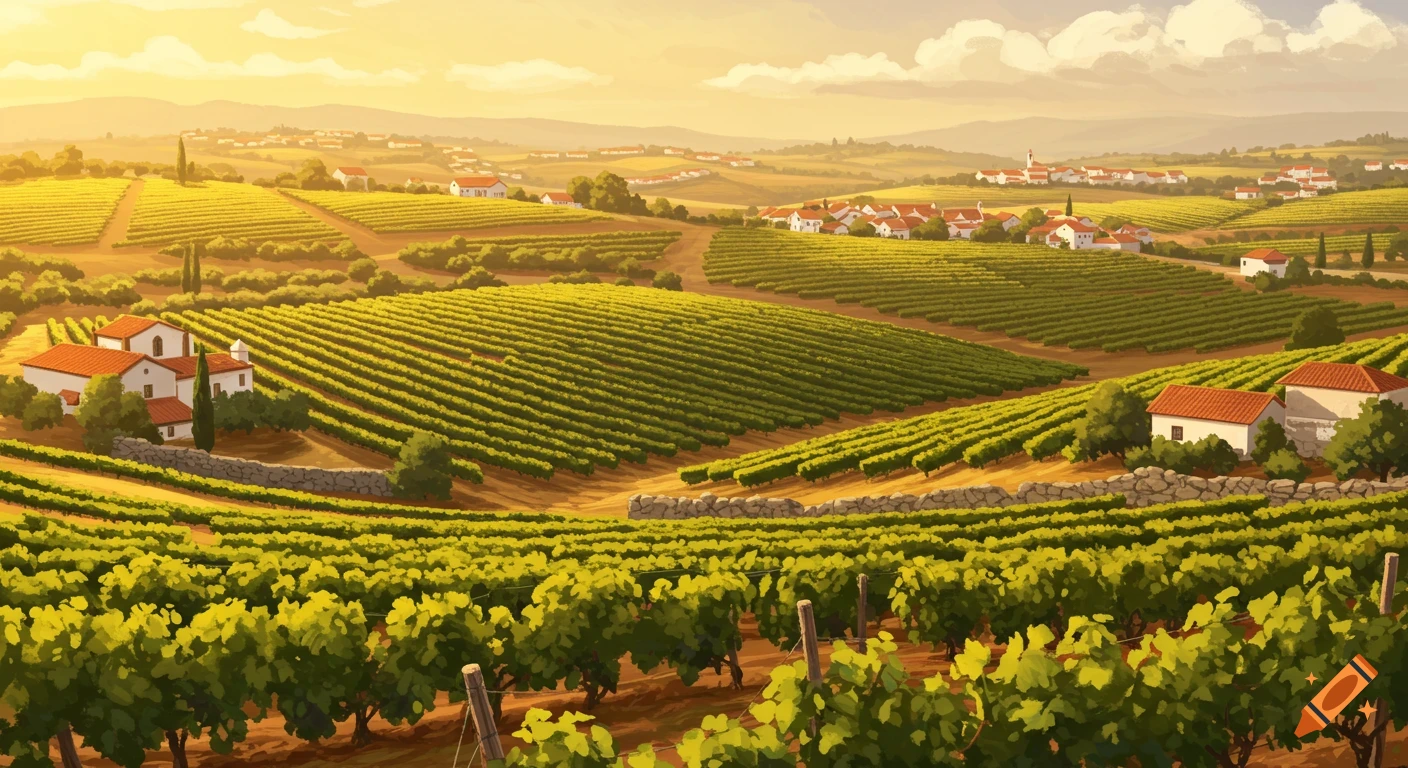 A scenic view of rolling vineyards with white houses under a golden sky.