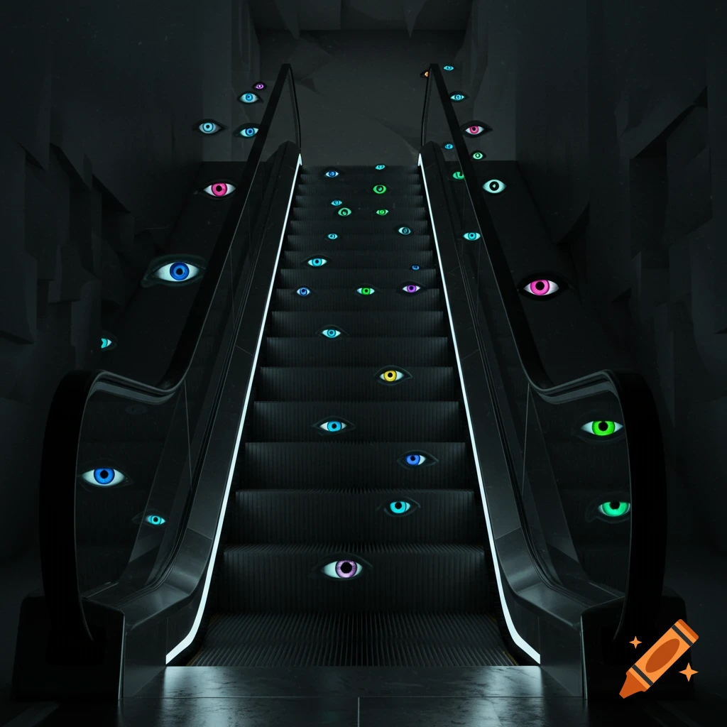 A dark escalator is covered in dozens of glowing, colorful eyes of various sizes looking in different directions.