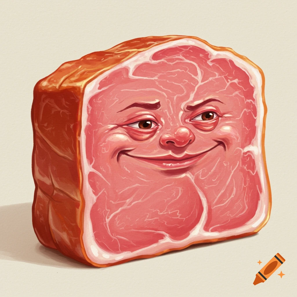 A humorous illustration of a slice of pink ham with a smiling human face on its side.