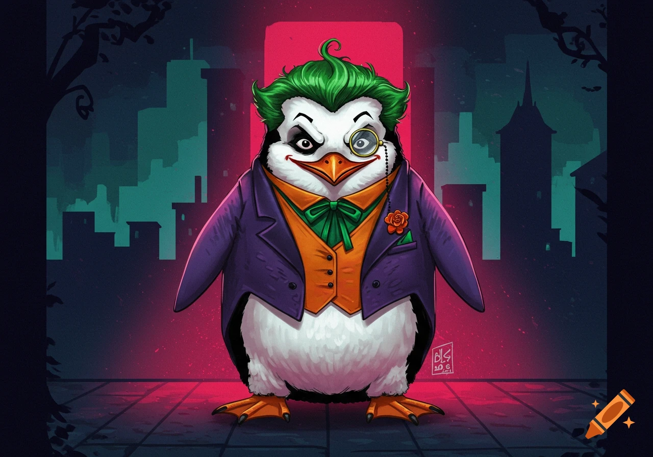 Cartoon penguin character dressed as The Joker, with green hair, purple suit, monocle, against a dark city background.