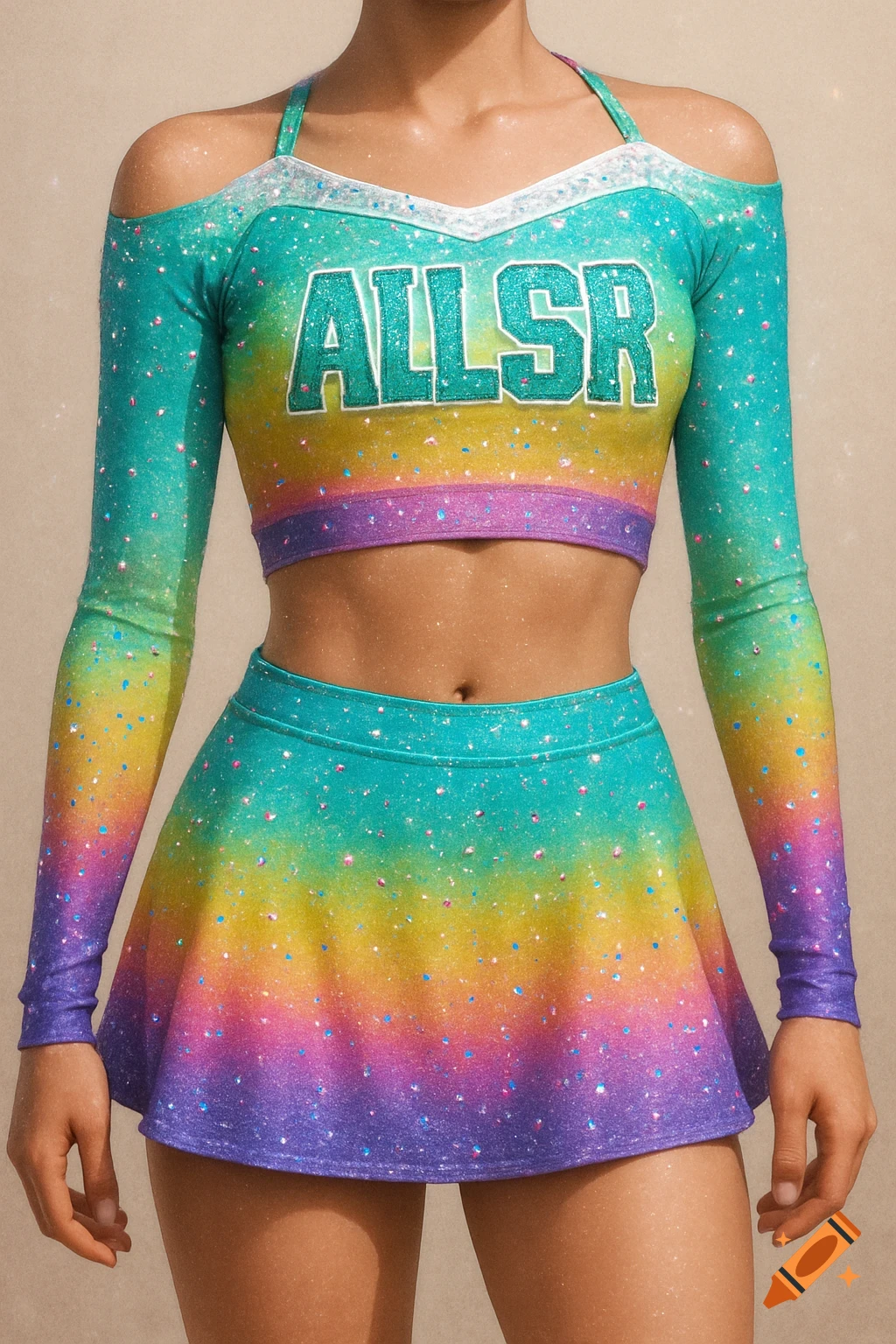 A person wears a glittery, rainbow-colored cheer uniform with 'ALLSR' on the top.