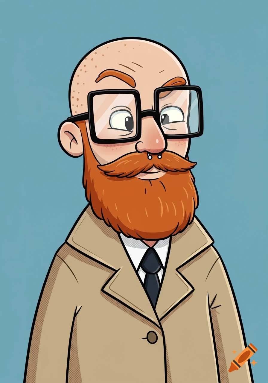 Cartoon illustration of a bald man with a red beard, black square glasses, and a septum piercing, wearing a trench coat.