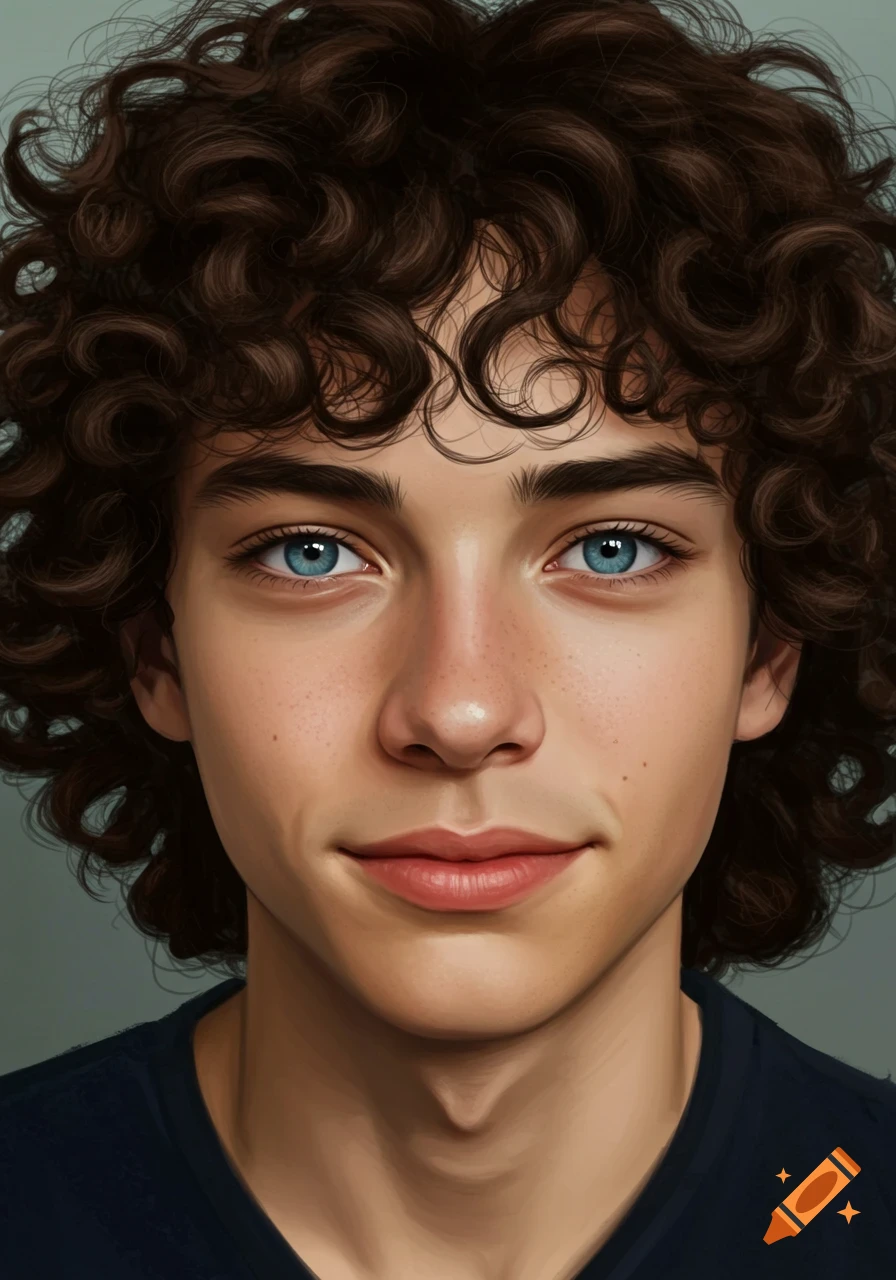 Hyperrealistic portrait of a young man with curly brown hair and blue eyes, smiling slightly.