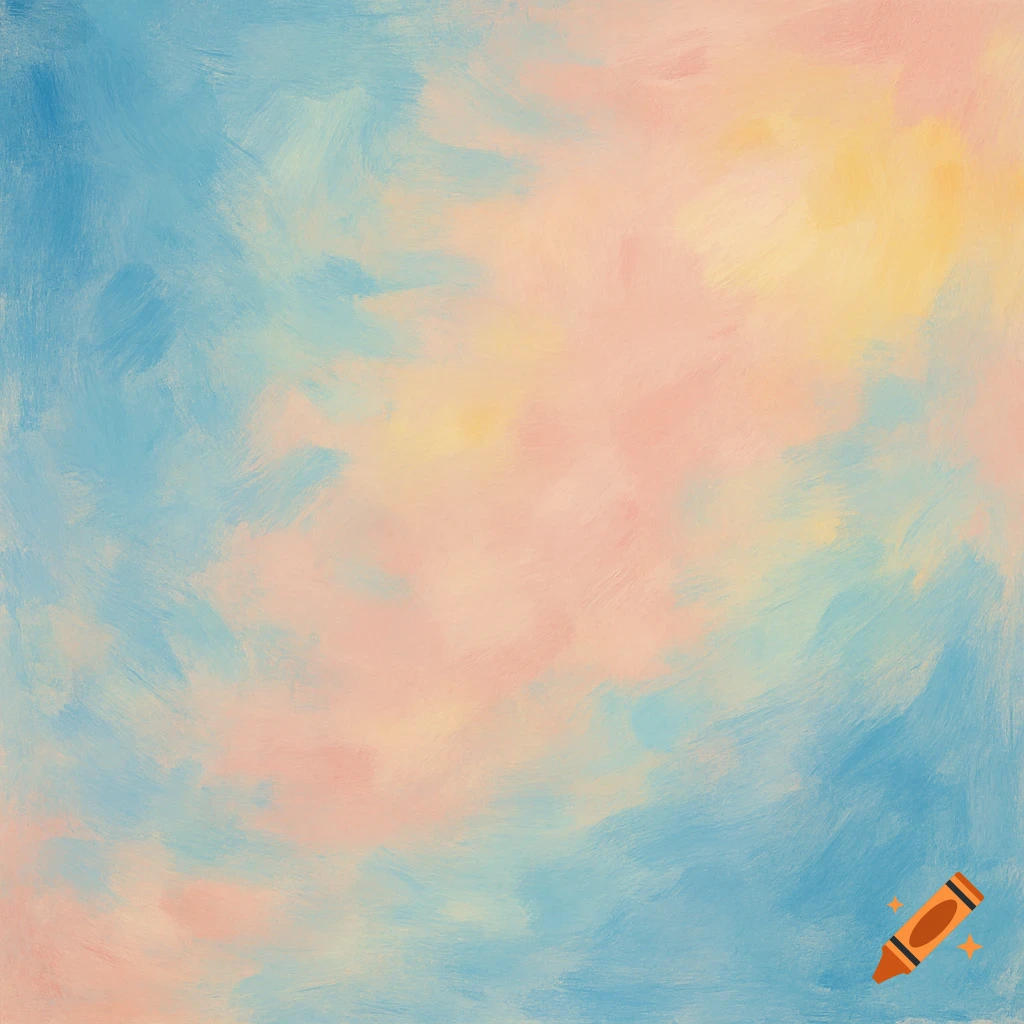An abstract painting featuring broad brushstrokes of light blue, soft pink, and pale yellow colors blended together.