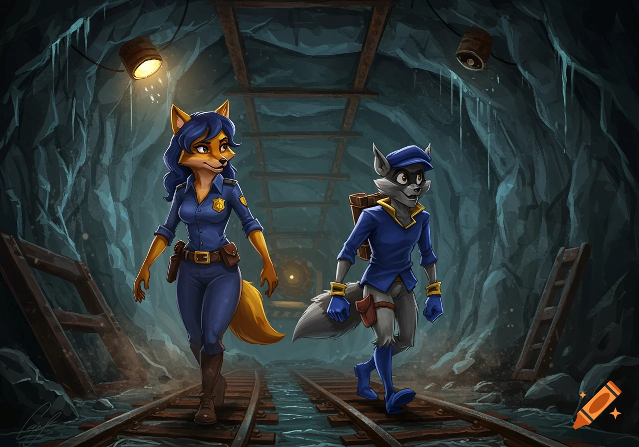 A female fox in a police uniform and a male wolf walk along mine tracks in a dimly lit underground mine.