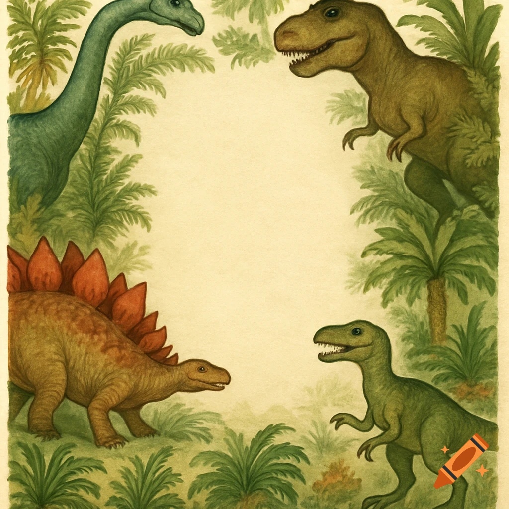 An illustration of four dinosaurs and tropical plants framing a central blank space.