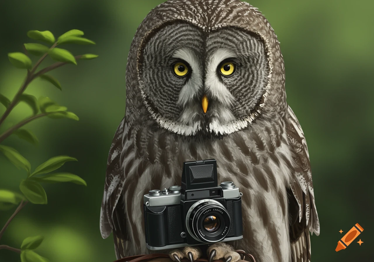 A close-up of a Great Grey Owl holding a vintage camera with its talons, against a blurred green background.