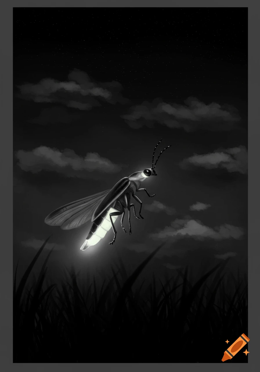 A glowing firefly hovers above tall grass against a cloudy, starry night sky in a black and white illustration.