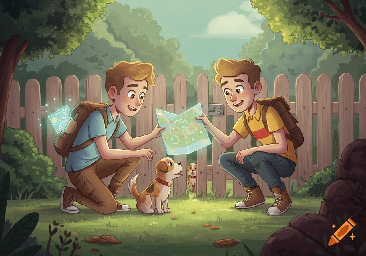 Two boys with backpacks crouch on grass, looking at a glowing map with two puppies nearby in a watercolor children's book style.